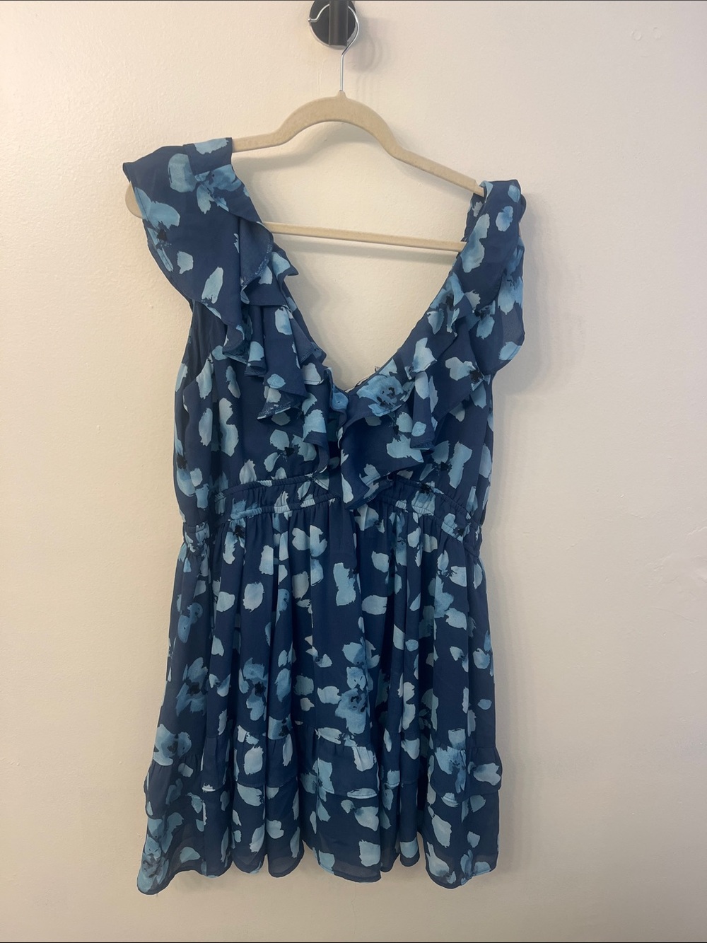 Abercrombie and Fitch Ruffled V-Neck Floral Mini Dress in Navy and Light Blue.
